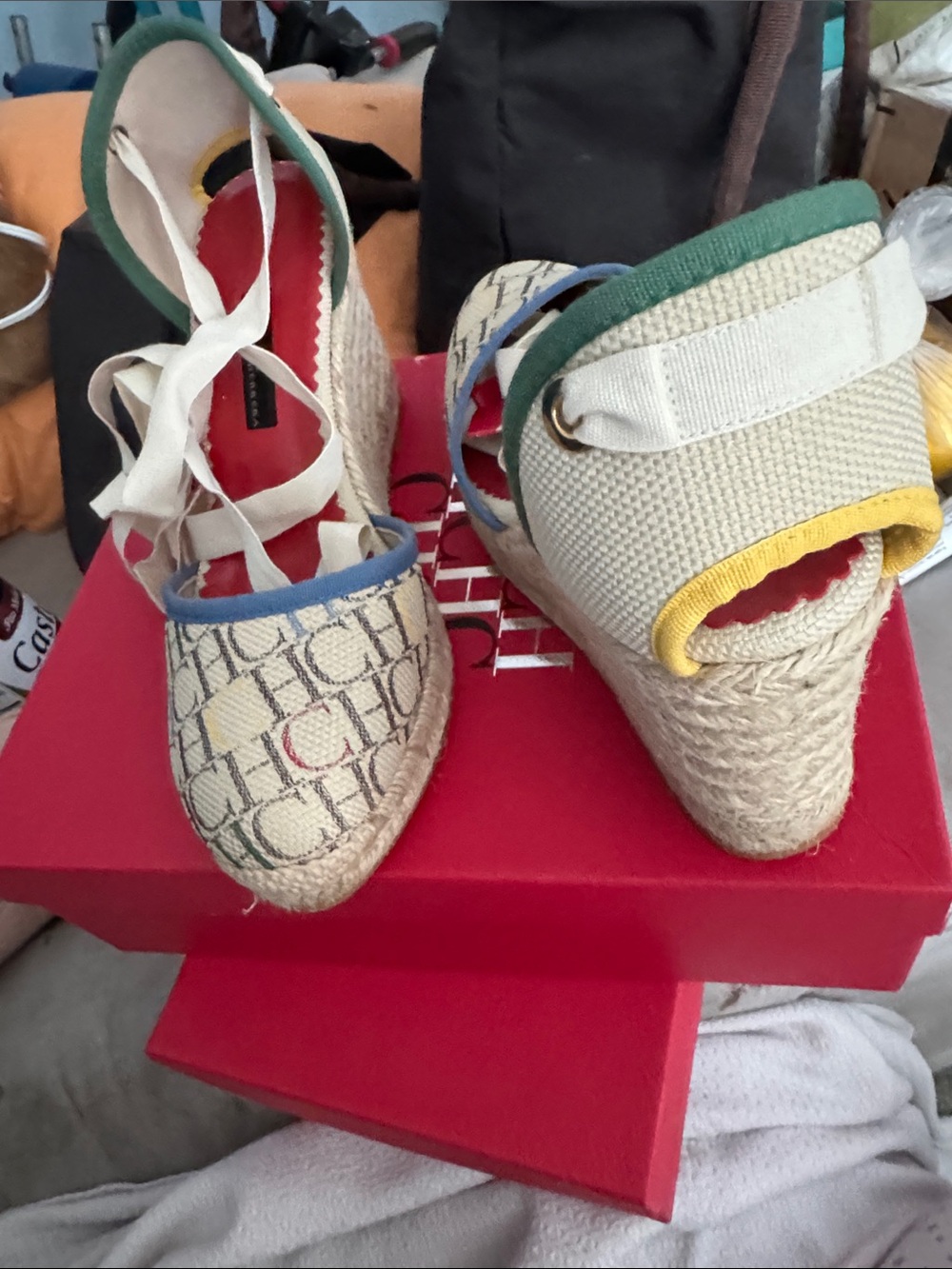 Carolina Herrera Natural Woven Espadrille Wedges with Multicolor Trim